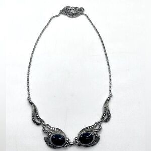 Art Deco Sterling Onyx & Marcasite Ornate Sterling Silver Chain Approx 16”
